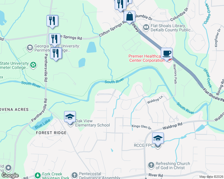 map of restaurants, bars, coffee shops, grocery stores, and more near 2103 Waldrop Place in Decatur