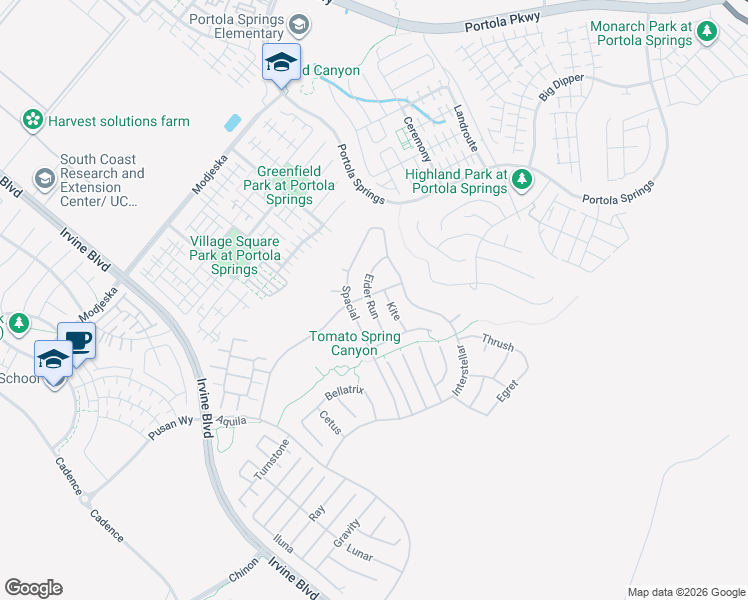 map of restaurants, bars, coffee shops, grocery stores, and more near 52 Eider Run in Irvine
