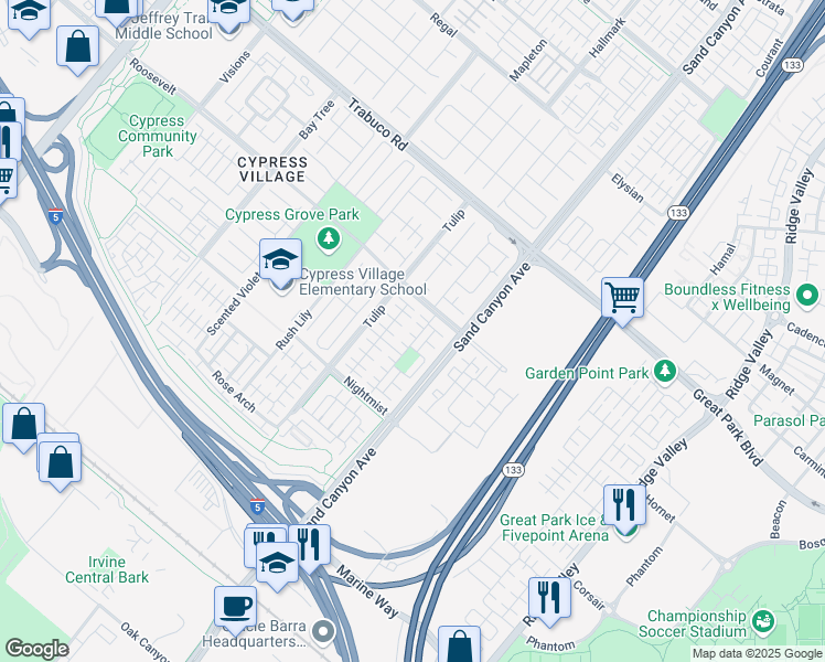 map of restaurants, bars, coffee shops, grocery stores, and more near 115 Waterleaf in Irvine