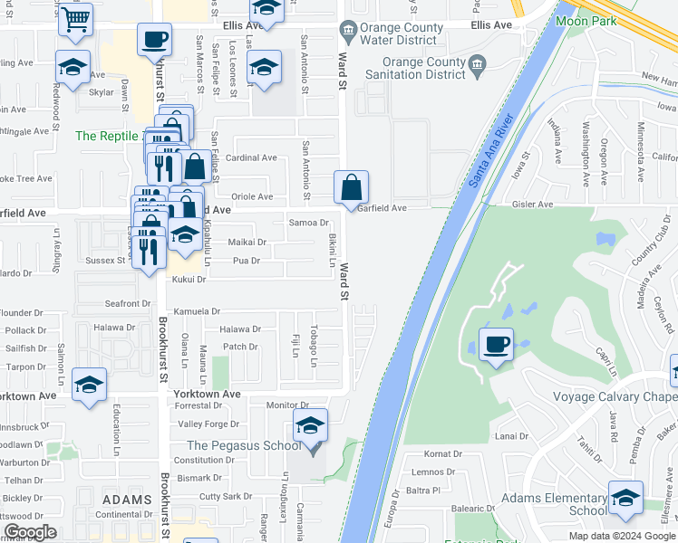 map of restaurants, bars, coffee shops, grocery stores, and more near 19152 Bikini Lane in Huntington Beach