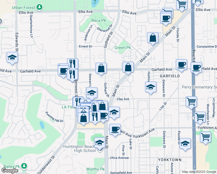 map of restaurants, bars, coffee shops, grocery stores, and more near 19161 Gothard Street in Huntington Beach