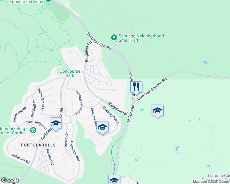 map of restaurants, bars, coffee shops, grocery stores, and more near 29092 Canyon Rim Drive in Trabuco Canyon