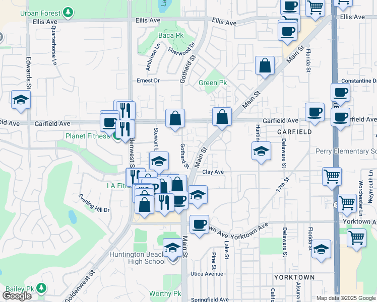 map of restaurants, bars, coffee shops, grocery stores, and more near 19146 Alexa Lane in Huntington Beach