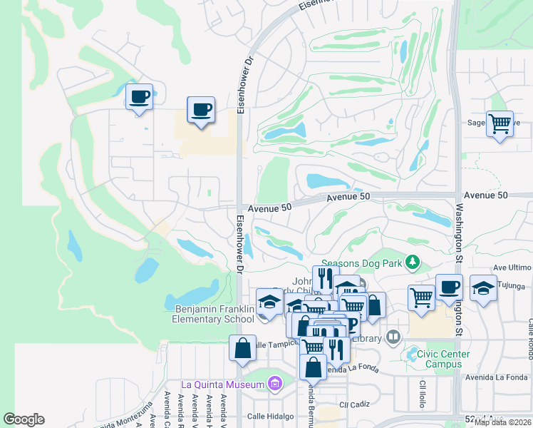 map of restaurants, bars, coffee shops, grocery stores, and more near 50065 Palencia Court in La Quinta