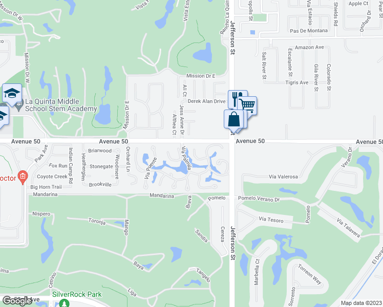 map of restaurants, bars, coffee shops, grocery stores, and more near 50075 Camino Privado in La Quinta