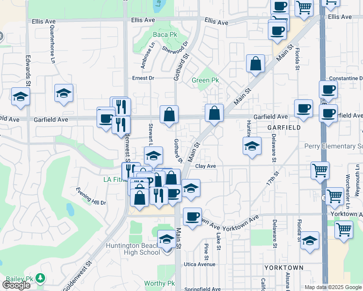 map of restaurants, bars, coffee shops, grocery stores, and more near 19157 Alexa Lane in Huntington Beach
