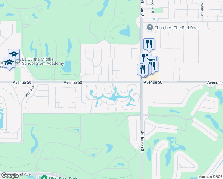 map of restaurants, bars, coffee shops, grocery stores, and more near Vía Aldea in La Quinta