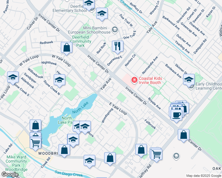 map of restaurants, bars, coffee shops, grocery stores, and more near 36 Acorn in Irvine