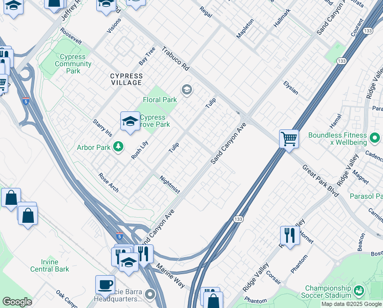 map of restaurants, bars, coffee shops, grocery stores, and more near 115 Waterleaf in Irvine