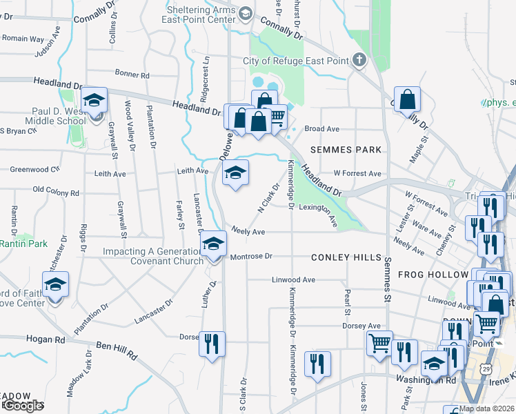 map of restaurants, bars, coffee shops, grocery stores, and more near 2593 North Clark Drive in East Point