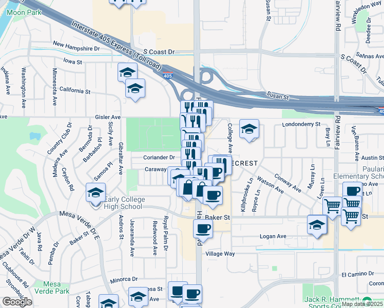 map of restaurants, bars, coffee shops, grocery stores, and more near 3131 Harbor Boulevard in Costa Mesa