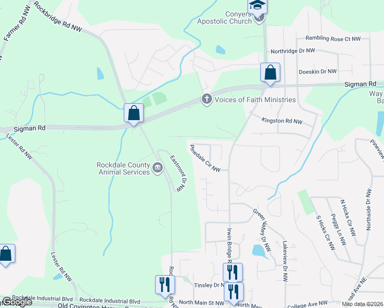 map of restaurants, bars, coffee shops, grocery stores, and more near 1194 Pinedale Circle Northwest in Conyers