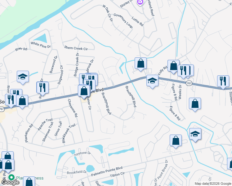 map of restaurants, bars, coffee shops, grocery stores, and more near 201-499 Brandymill Blvd in Myrtle Beach