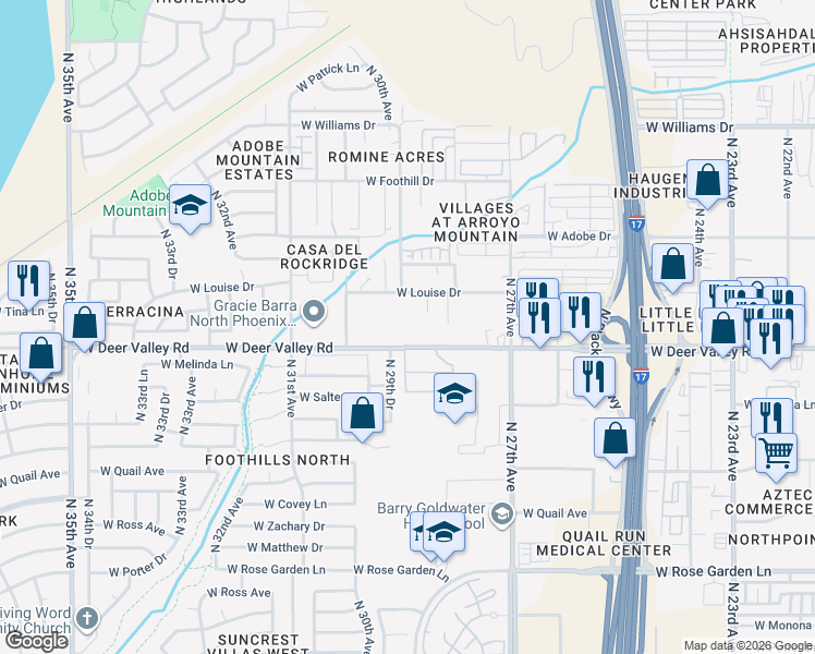 map of restaurants, bars, coffee shops, grocery stores, and more near 2844 West Deer Valley Road in Phoenix