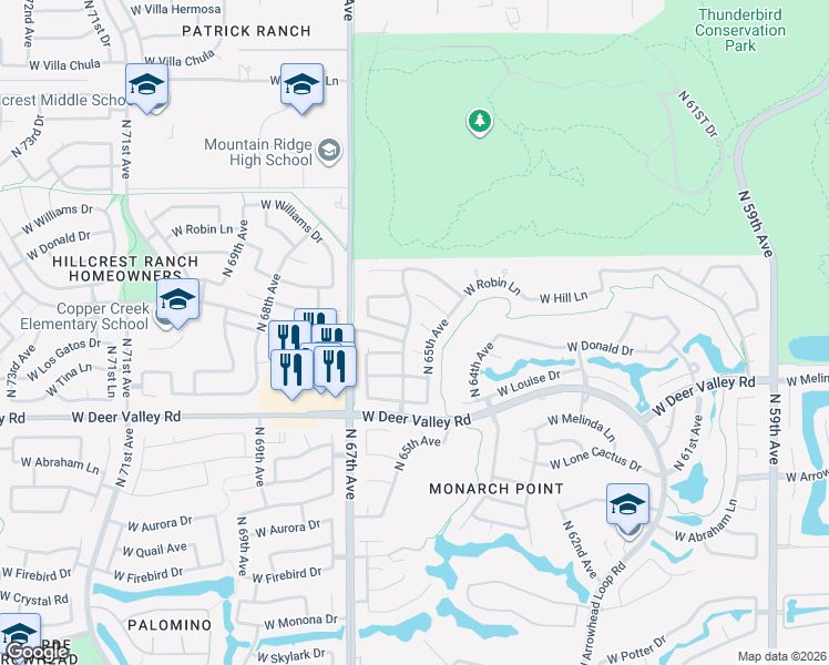 map of restaurants, bars, coffee shops, grocery stores, and more near 6520 West Crest Lane in Glendale