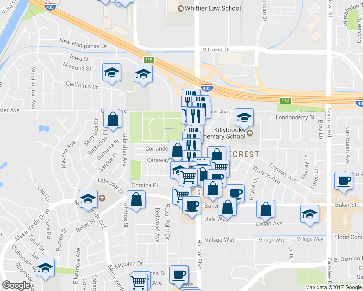 map of restaurants, bars, coffee shops, grocery stores, and more near 1551 Coriander Drive in Costa Mesa
