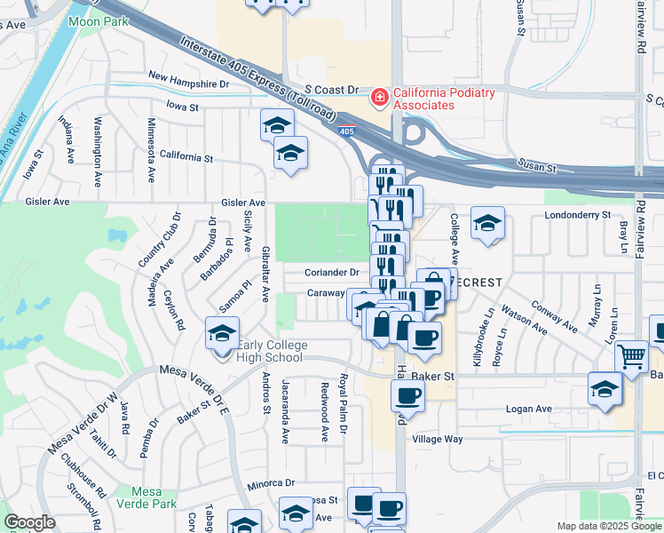 map of restaurants, bars, coffee shops, grocery stores, and more near 1587 Coriander Drive in Costa Mesa