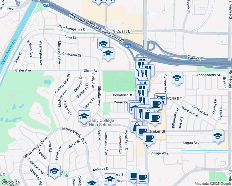 map of restaurants, bars, coffee shops, grocery stores, and more near 1623 Coriander Drive in Costa Mesa