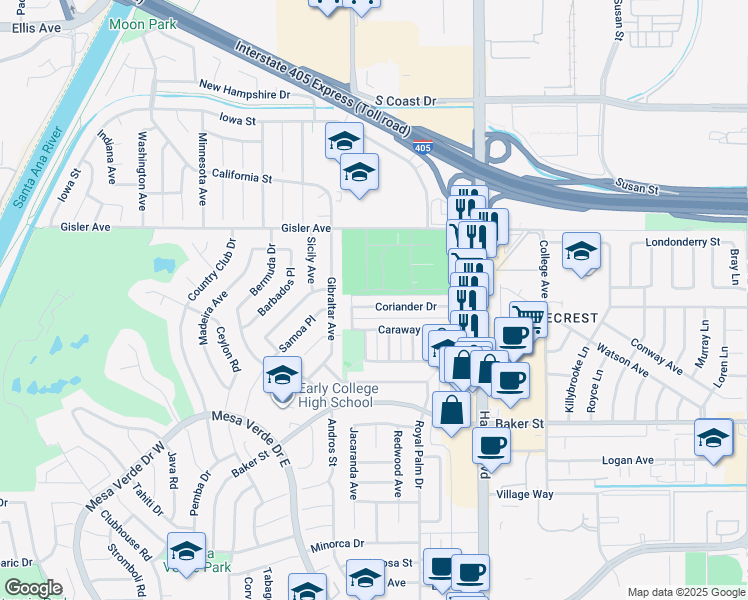 map of restaurants, bars, coffee shops, grocery stores, and more near 1623 Coriander Drive in Costa Mesa