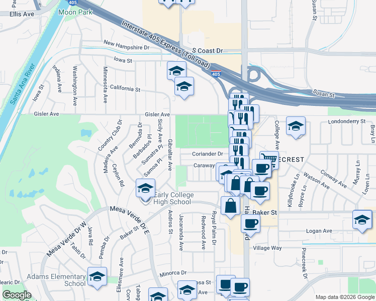 map of restaurants, bars, coffee shops, grocery stores, and more near 1623 Coriander Drive in Costa Mesa