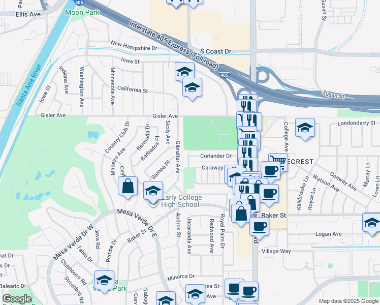 map of restaurants, bars, coffee shops, grocery stores, and more near 3118 Gibraltar Avenue in Costa Mesa