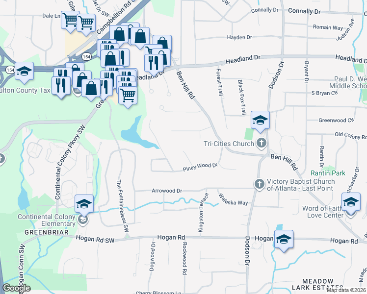 map of restaurants, bars, coffee shops, grocery stores, and more near 2616 Piney Wood Terrace in East Point