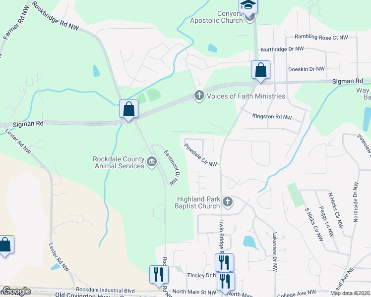 map of restaurants, bars, coffee shops, grocery stores, and more near 1194 Pinedale Circle Northwest in Conyers