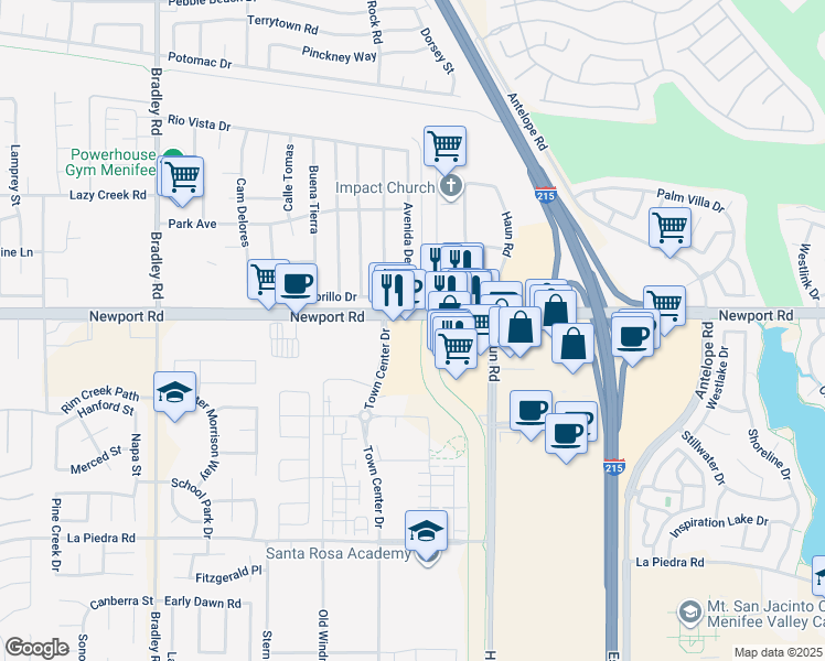 map of restaurants, bars, coffee shops, grocery stores, and more near 27559 Newport Road in Menifee