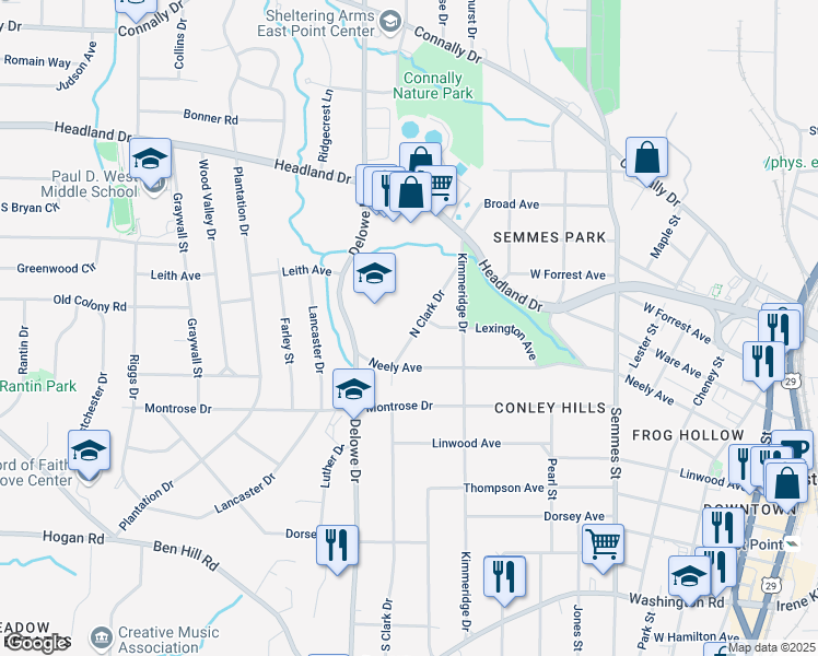 map of restaurants, bars, coffee shops, grocery stores, and more near 2593 North Clark Drive in East Point