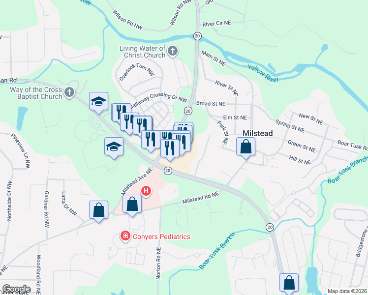 map of restaurants, bars, coffee shops, grocery stores, and more near 1591 Highway 20 in Conyers