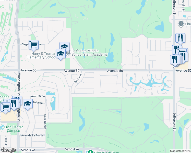 map of restaurants, bars, coffee shops, grocery stores, and more near 50120 Indian Camp Road in La Quinta