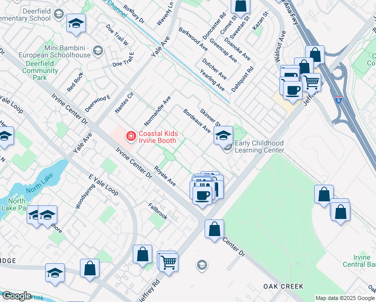 map of restaurants, bars, coffee shops, grocery stores, and more near 5212 Chablis Circle in Irvine
