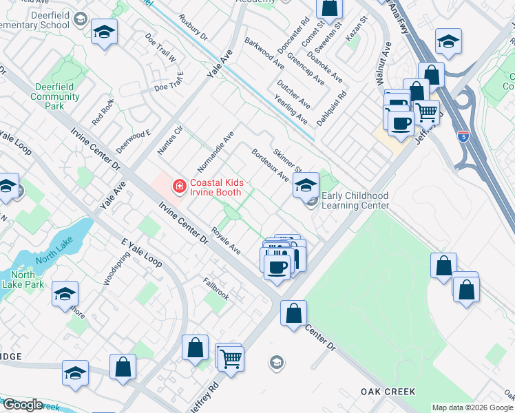 map of restaurants, bars, coffee shops, grocery stores, and more near 5212 Chablis Circle in Irvine