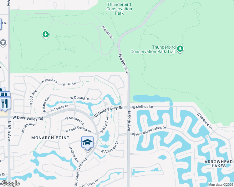 map of restaurants, bars, coffee shops, grocery stores, and more near 21960 North 59th Lane in Glendale