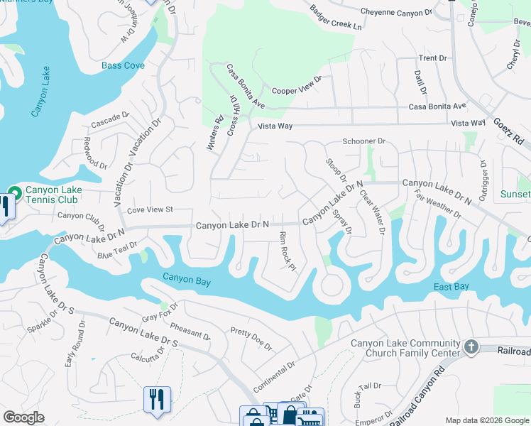 map of restaurants, bars, coffee shops, grocery stores, and more near 23280 Canyon Lake Drive North in Canyon Lake
