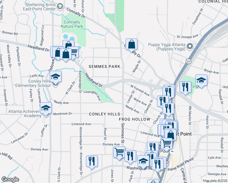 map of restaurants, bars, coffee shops, grocery stores, and more near 1840 Headland Drive in East Point