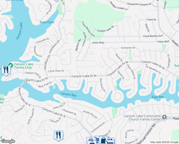 map of restaurants, bars, coffee shops, grocery stores, and more near 23190 Canyon Lake Drive North in Canyon Lake