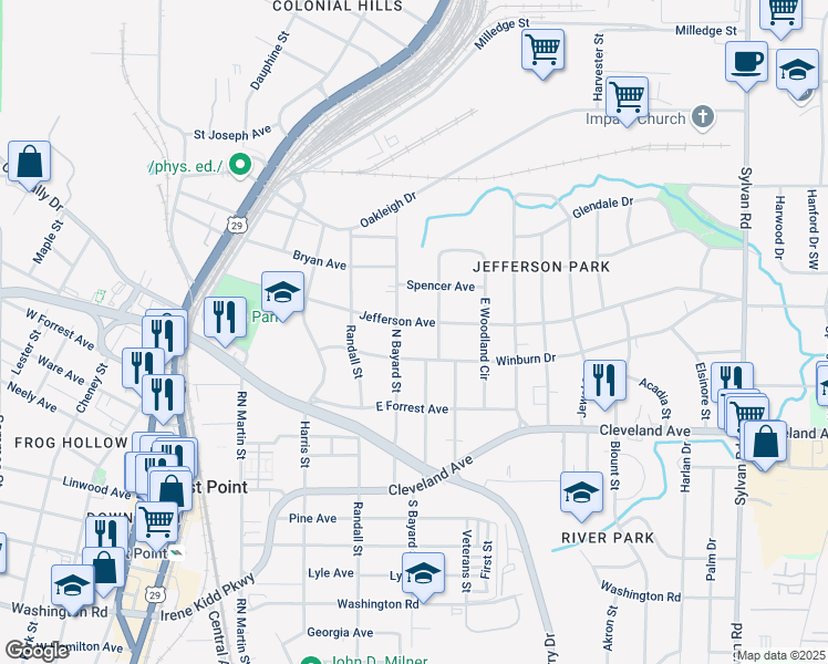 map of restaurants, bars, coffee shops, grocery stores, and more near 1317 Winburn Drive in East Point