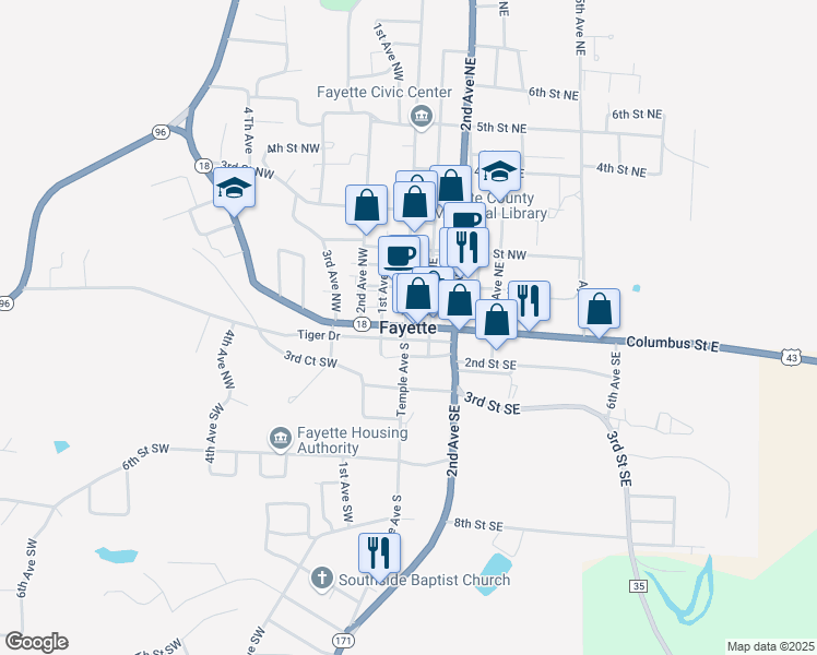 map of restaurants, bars, coffee shops, grocery stores, and more near in Fayette