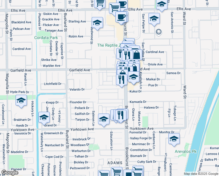 map of restaurants, bars, coffee shops, grocery stores, and more near 19251 Brookhurst Street in Huntington Beach