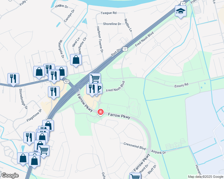 map of restaurants, bars, coffee shops, grocery stores, and more near Edison Circle in Horry County