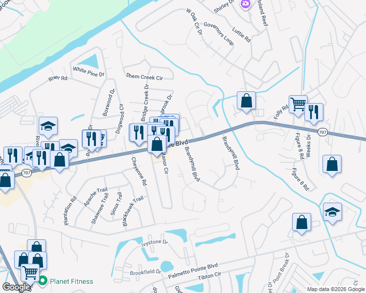 map of restaurants, bars, coffee shops, grocery stores, and more near 292 Brandymill Boulevard in Myrtle Beach