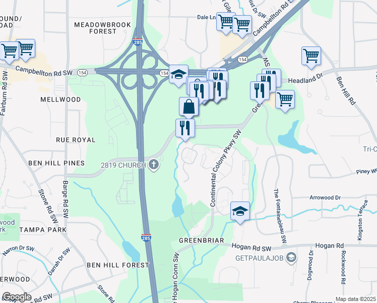 map of restaurants, bars, coffee shops, grocery stores, and more near 3260 Verdant Drive Southwest in Atlanta