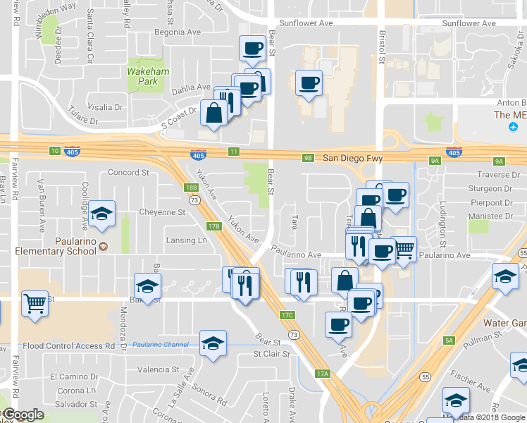 map of restaurants, bars, coffee shops, grocery stores, and more near 872 Liard Place in Costa Mesa