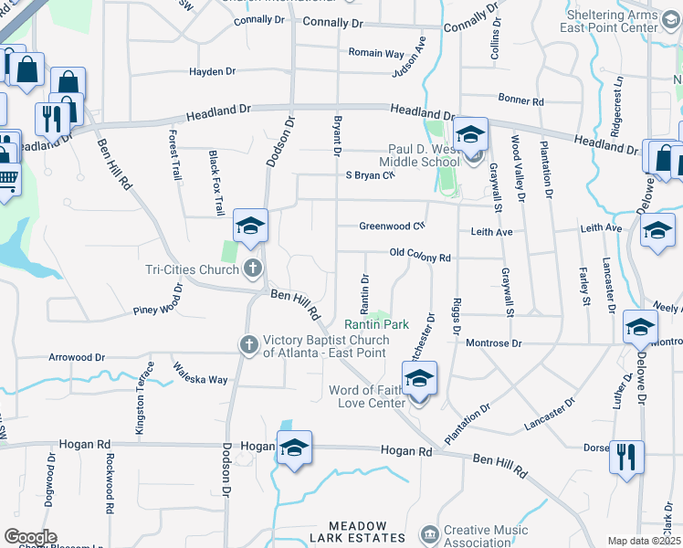 map of restaurants, bars, coffee shops, grocery stores, and more near 2604 Bryant Drive in East Point