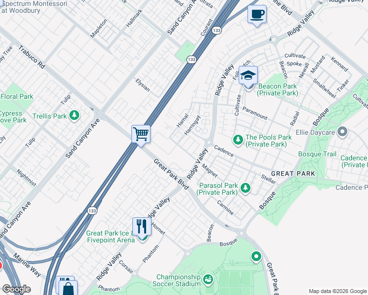 map of restaurants, bars, coffee shops, grocery stores, and more near 151 Magnet in Irvine