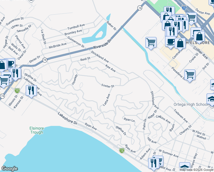 map of restaurants, bars, coffee shops, grocery stores, and more near Foster Street in Lake Elsinore