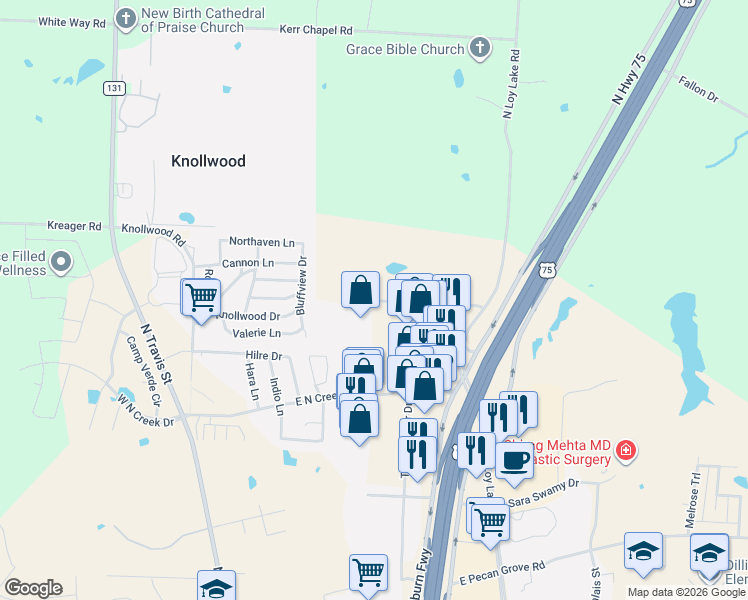 map of restaurants, bars, coffee shops, grocery stores, and more near 620 Graham Drive in Sherman