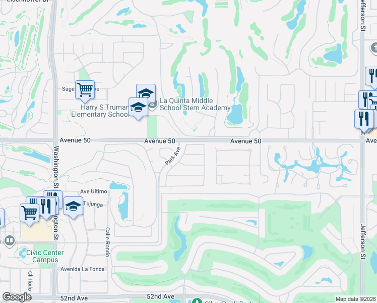 map of restaurants, bars, coffee shops, grocery stores, and more near 79140 Jack Rabbit Trail in La Quinta