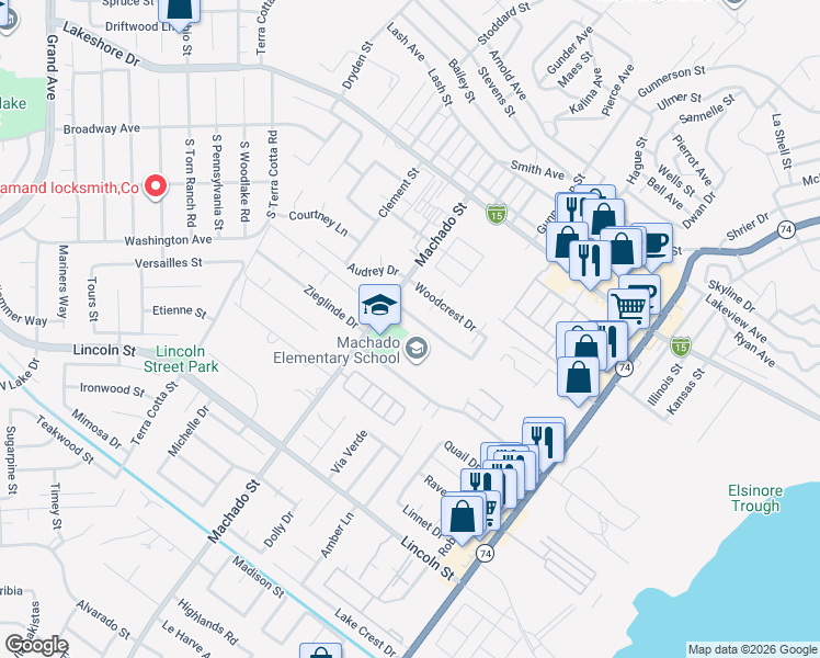 map of restaurants, bars, coffee shops, grocery stores, and more near 650 Parkview Drive in Lake Elsinore